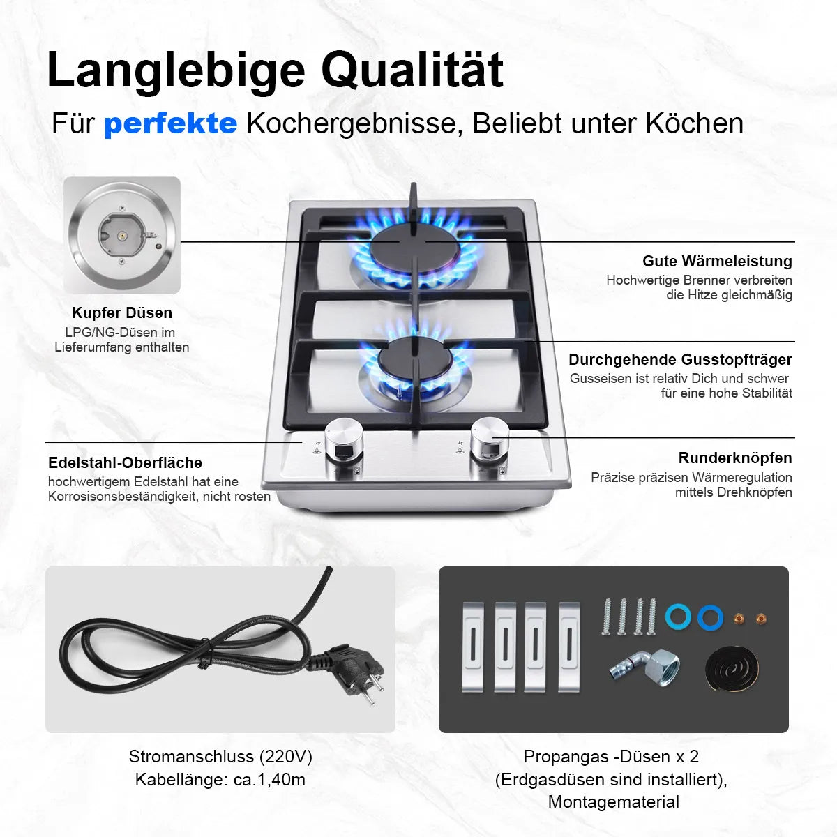 Stainless Steel Gas Hob Automatic Flame Protection 2 Bulbs | Dual Fuel Natural Gas/Propane Built-in/Freestanding 2400W 220-240V