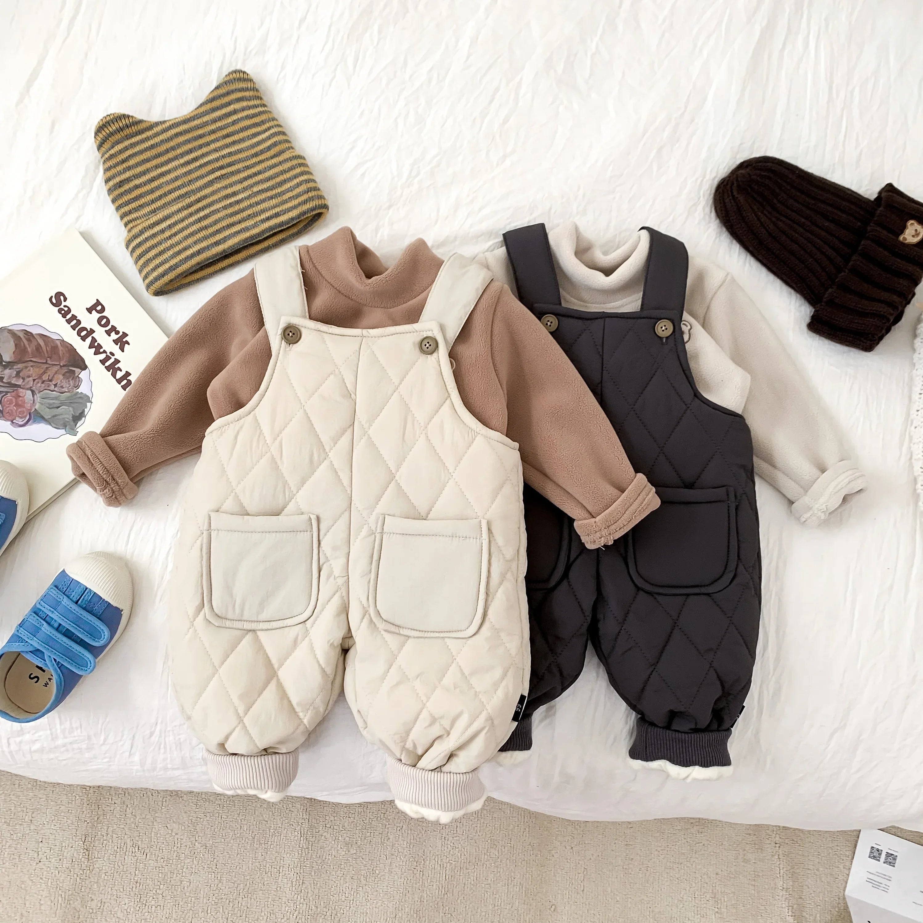 Winter Baby Boys And Girls Solid Color Thick Overalls Autumn And Winter Quilted Thick Pants Children's Casual Warm Jumpsuit