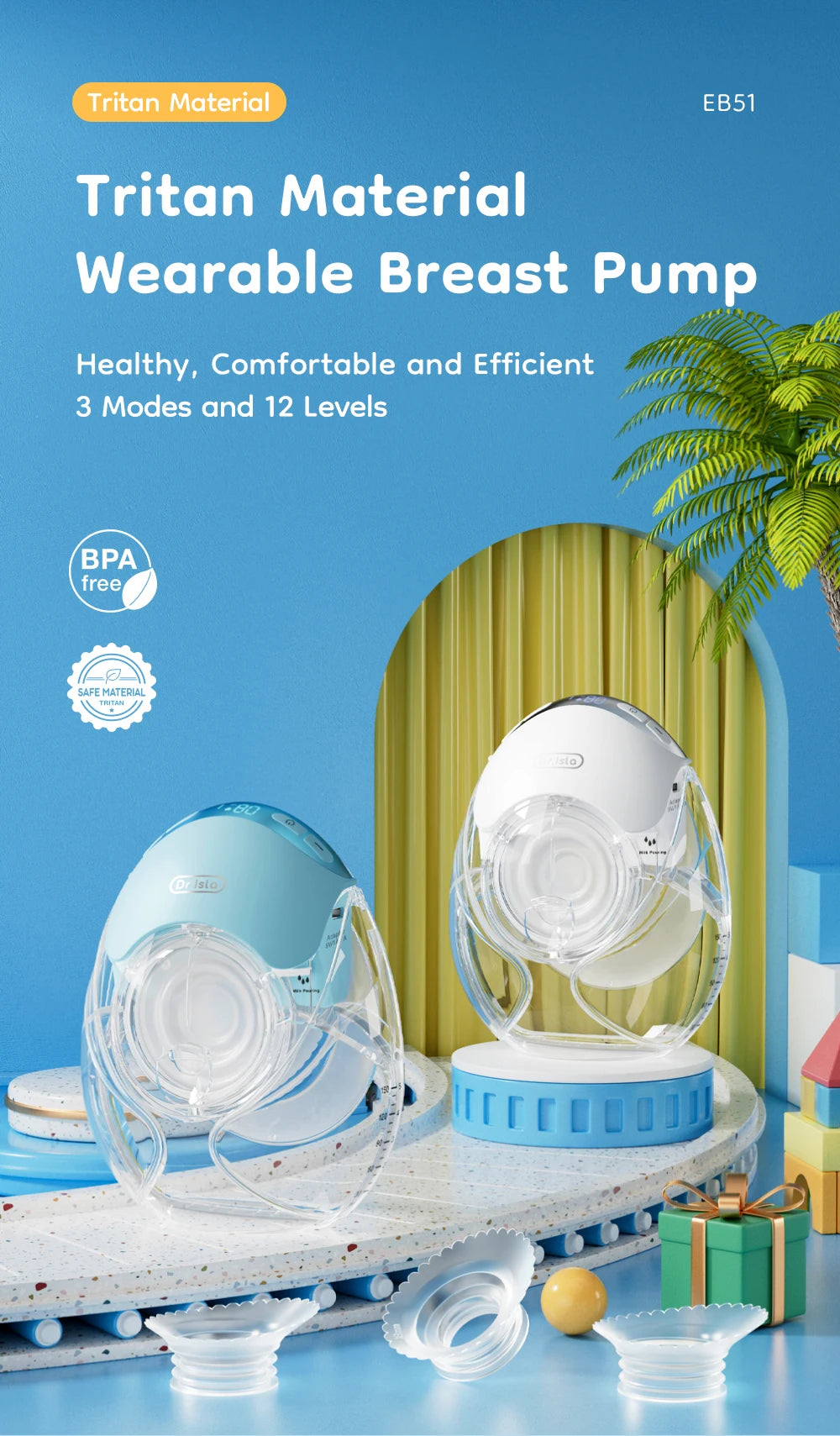 MAMIJOY 2PCS Ultra-thin Wearable Electric Breast Pump Ultra-light Low Noise 3Modes 12 Suction Levels With 18/21/24mm Flange EB51