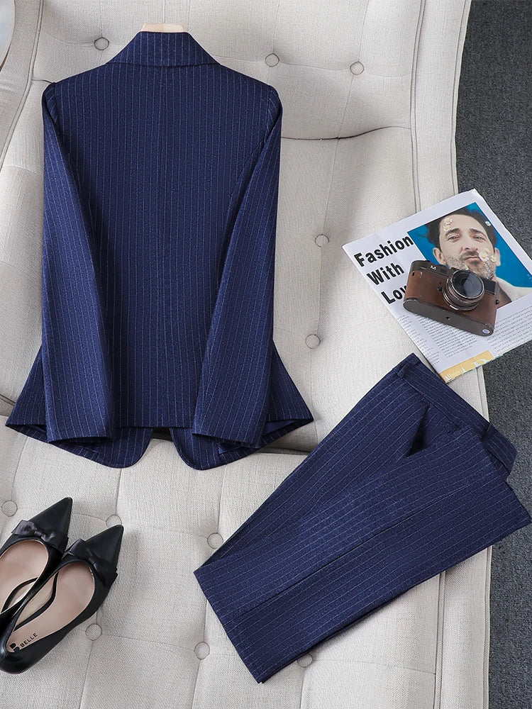 طقم بدلة رسمية نسائية مخططة باللون الأزرق والأسود مكون من قطعتين، مناسب للعمل في الخريف والشتاء، سترة وبنطلون