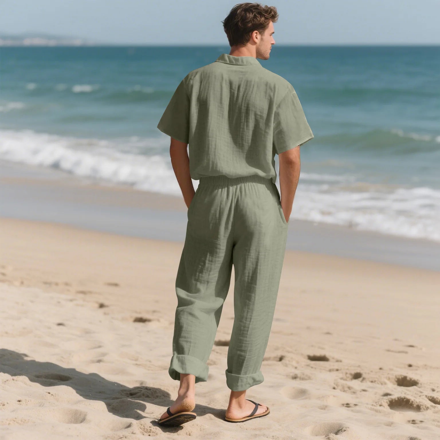 American Summer Men's Linen Casual Set Short-Sleeved Shirt And Long Pants 2-Piece Comfortable Loose Fit for Men