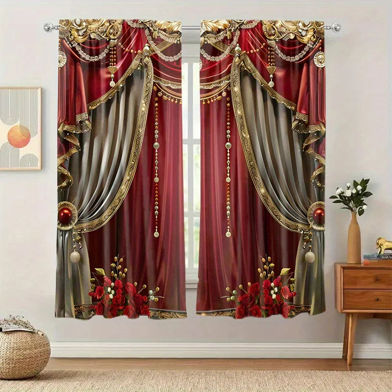 2pcs Red false background printed curtains, pole bag curtains 30*65, bedroom and living room, room decoration, home decoration