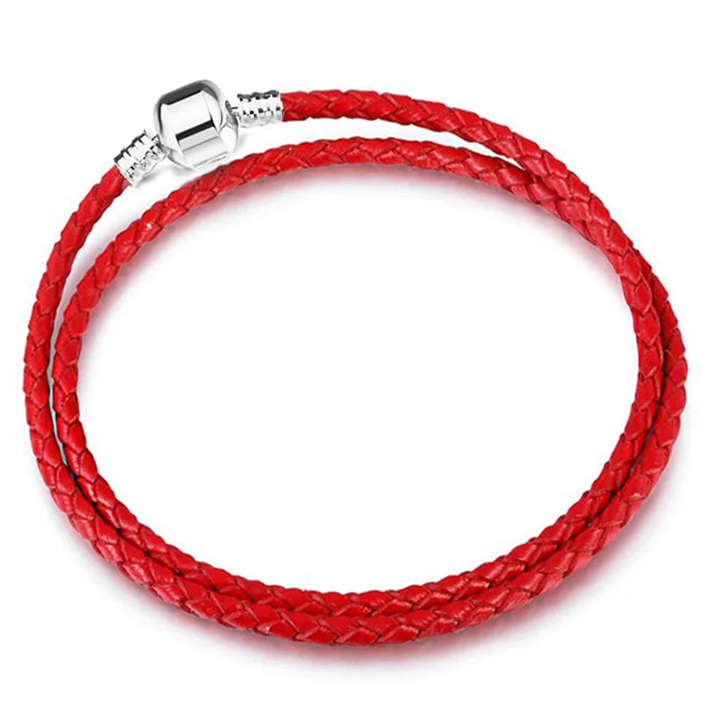 Original 925% sterling silver fashionable leather heart-shaped circular buckle charm bracelet for women DIY jewelry special gift