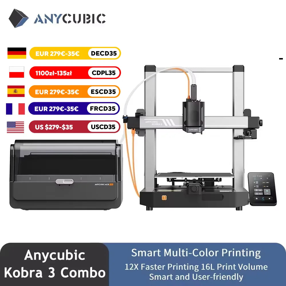 ANYCUBIC Kobra 3 Combo AE Version Multi-Color FDM 3D Printer Max 600mm/s Printing Speed Build Size 250x250x260mm