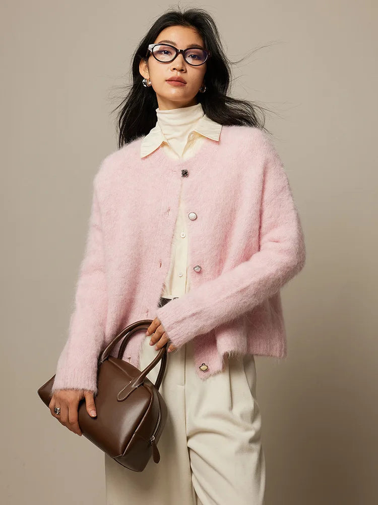 Winter Alpaca Wool Knitted Cardigan Women Soft Round Neck Single Breasted Loose Button Sweater Coat