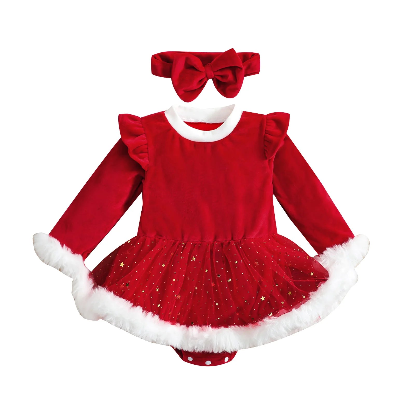 2Pcs Infant Newborn Baby Girls Christmas Outfit, Plush Patchwork Long Sleeve Romper Dress + Hairband Set for Toddler 0-24 Months