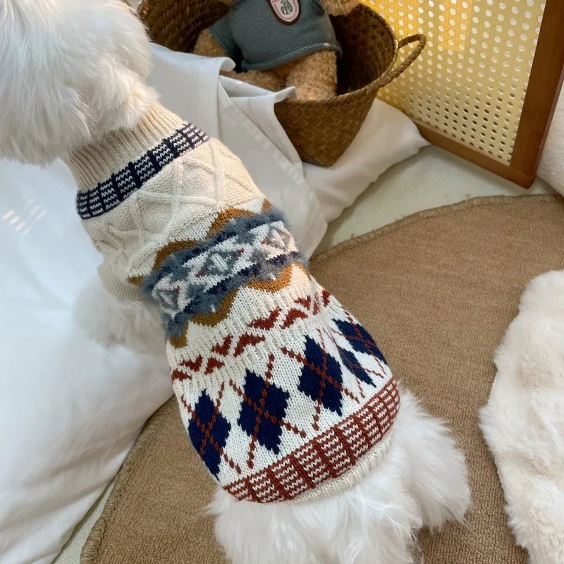 Pet Sweater for Dogs and Cats Fashion Warm Clothing in Winter Red and Green Gingerbread Cherry Deer Fresh Flowers White Sweater