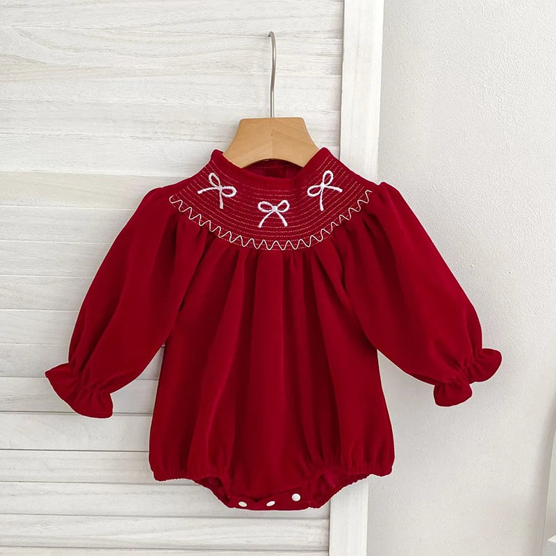 2025 Christmas 0-24M Baby Girls Jumpsuit Casual Bow Embroidered Long Sleeves Newborn Romper Christmas Party Toddler Cute Clothes
