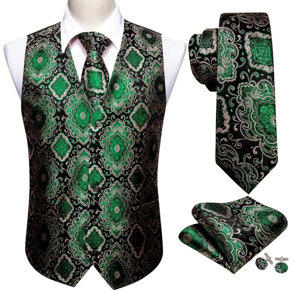 Elegant Vest for Men Silk Green Paisley Plaid Flower Slim Fit Male Suit Embroidered Waistcoat Dress Formal Jacket Barry Wang
