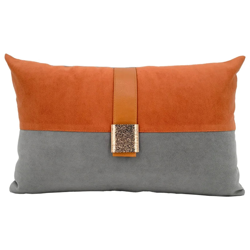 light luxury brown cream /orange grey patchwork cushion cover pillowcase sofa waist pillow cover with golden buckle