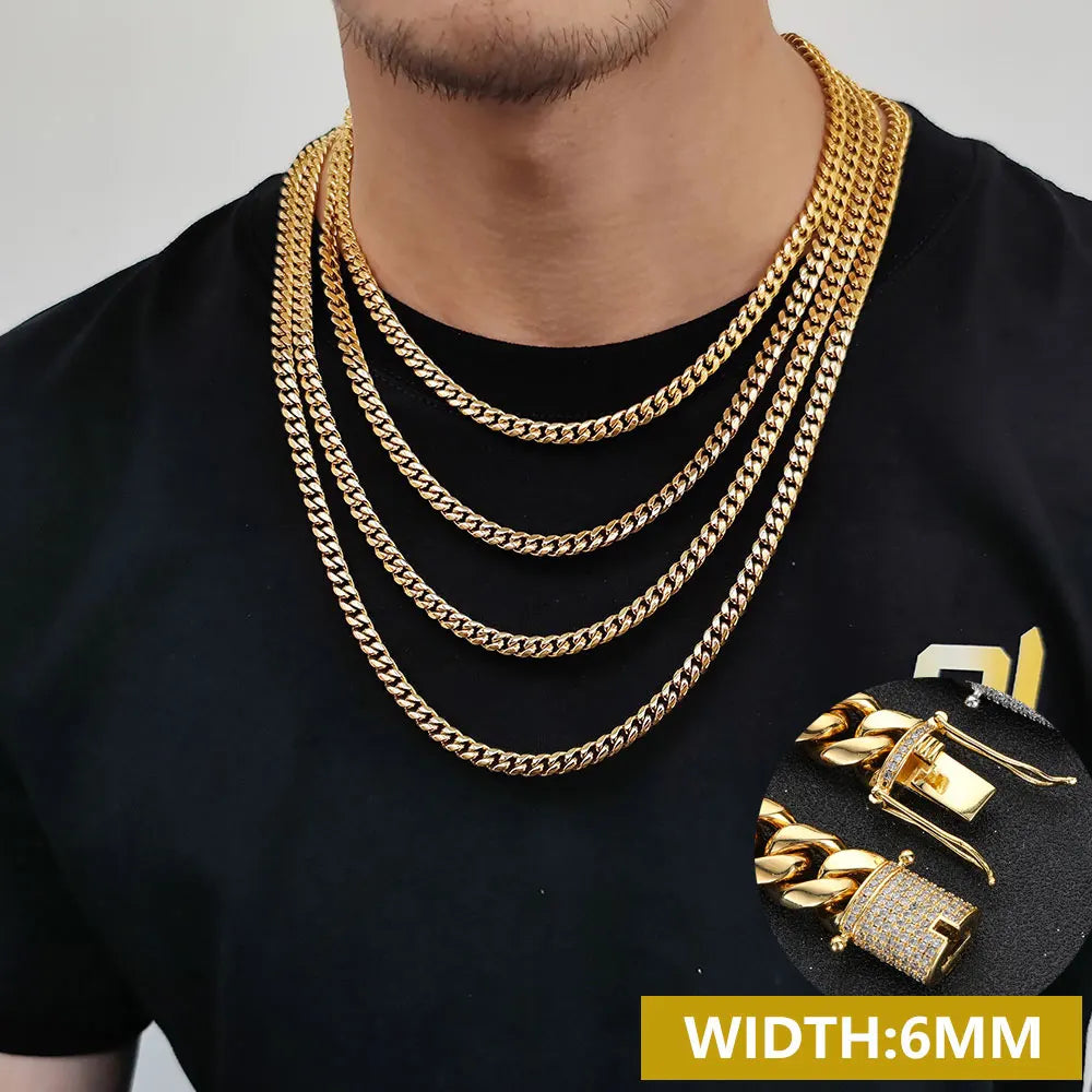 6-16mm Iced Clasp Cuban Link Chain Miami Stainless Steel Necklace Hip Hop Jewelry Gift for Men Women