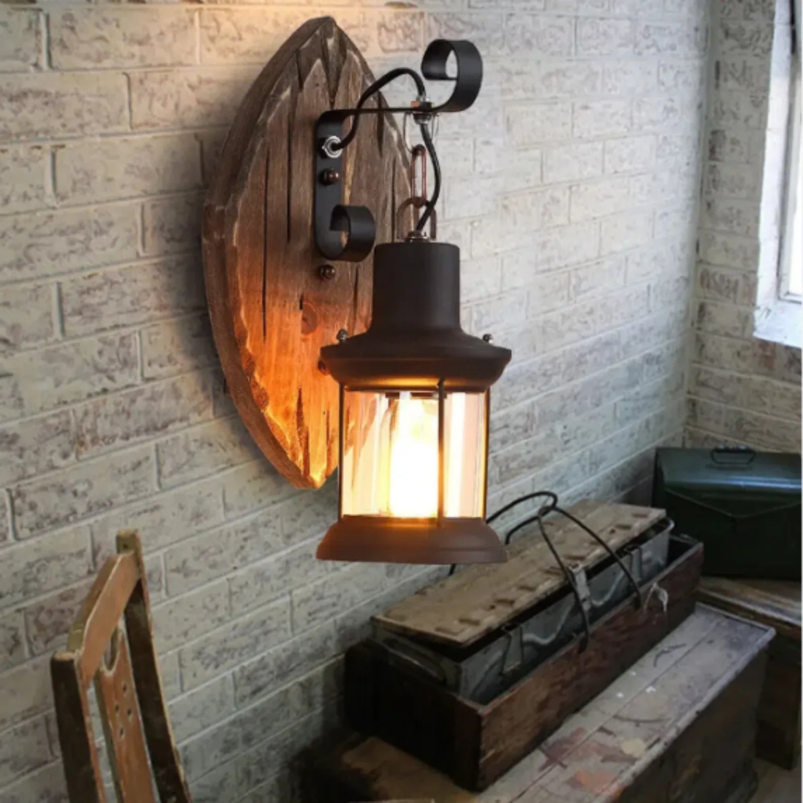 مصباح حائط خشبي صناعي عتيق الطراز بتصميم عتيق مع إضاءة دافئة رائعة للبار والمقهى والحديقة E27 220 فولت