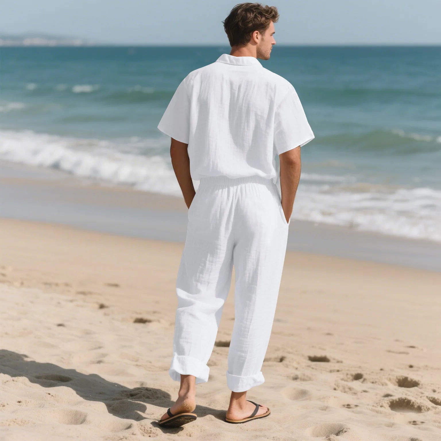 American Summer Men's Linen Casual Set Short-Sleeved Shirt And Long Pants 2-Piece Comfortable Loose Fit for Men