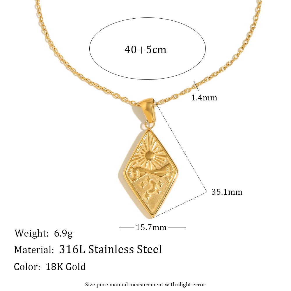 EBbelle 18k Gold Plated Rhombus Shape Moon Sun Pendant Necklace Stainless Steel Waterproof Fashion Unique Women's Jewelry