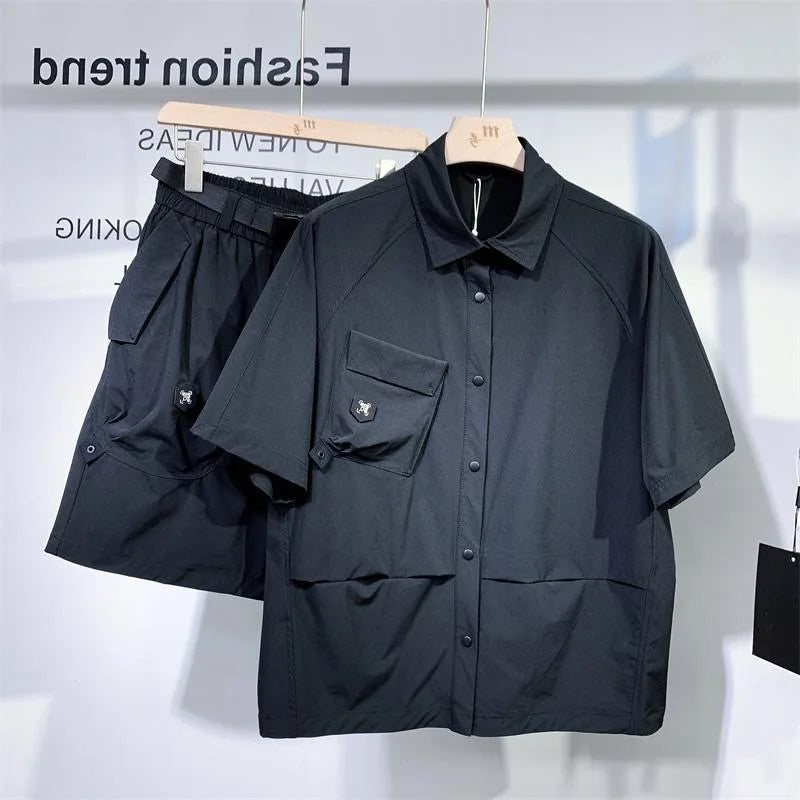 Summer Fashion Trend Solid Color American Cargo Short Sleeve Shorts Set Men's Casual Loose Large Size High-Quality Two-Piece Set