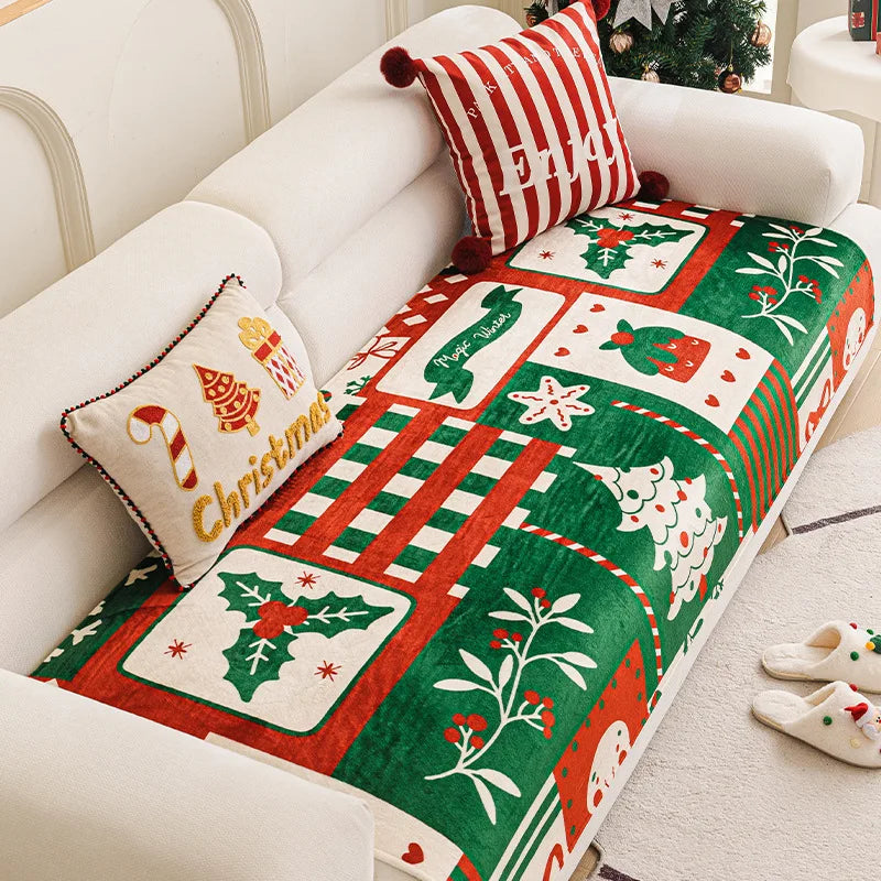 Winter Christmas Flannel Sofa Cover Anti-Slip All-Inclusive Universal Sofa Cover In One Straight Row Sofa Cushion Decor Home