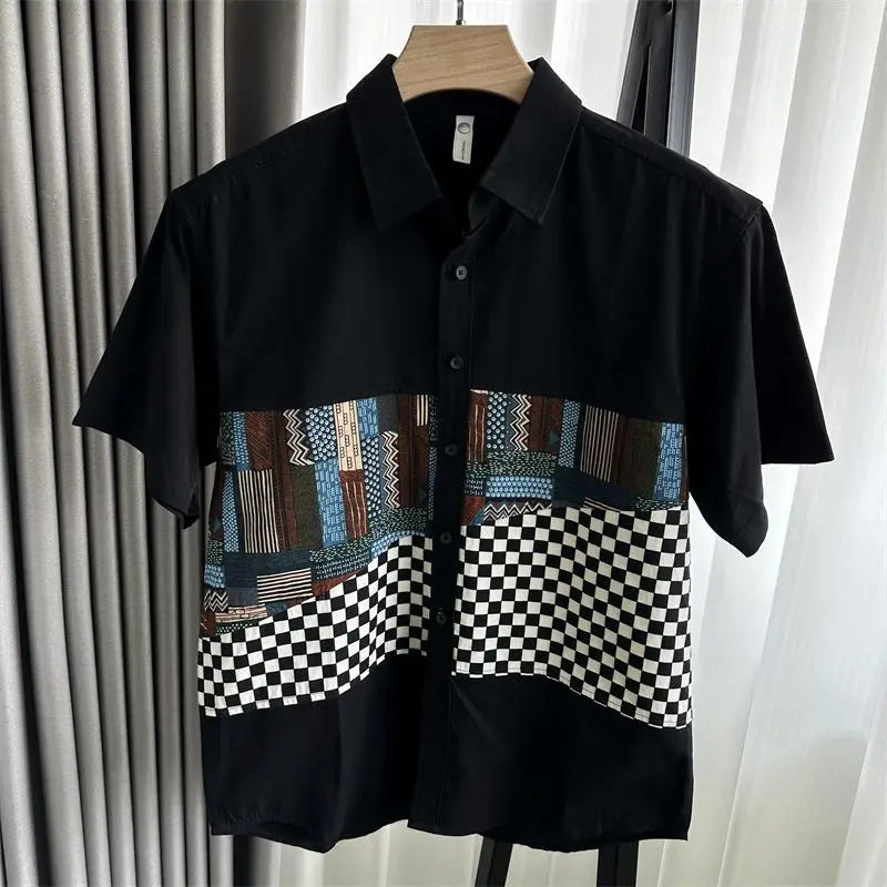 2025 New Japanese Retro Contrasting Colors Summer Plaid Spliced short-sleeved Shirt Men's Casual Clothes