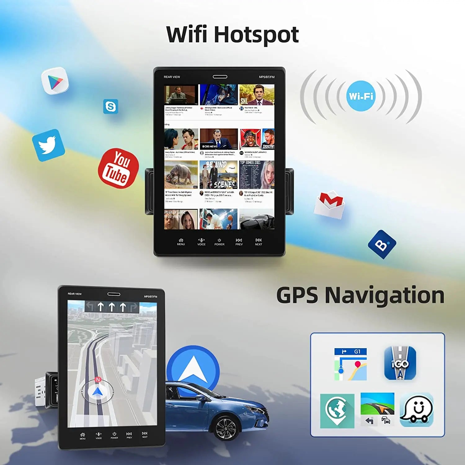 ESSGOO 10.4" Car Stereo Single DIN Wireless CarPlay Android Auto Rotatable Touch Screen Bluetooth GPS Nav Radio Player Head Unit