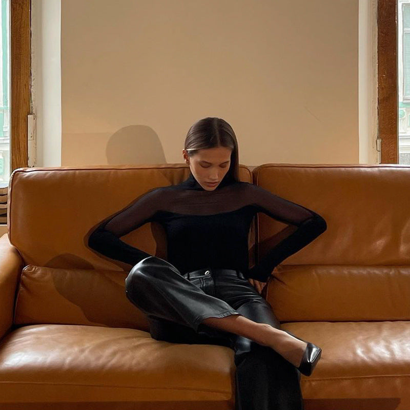 Bodysuit Women Sexy Transparent Turtleneck Festivals Outfits Mesh Top Long Sleeve Tees Sexy Woman Costume See Through Leotard