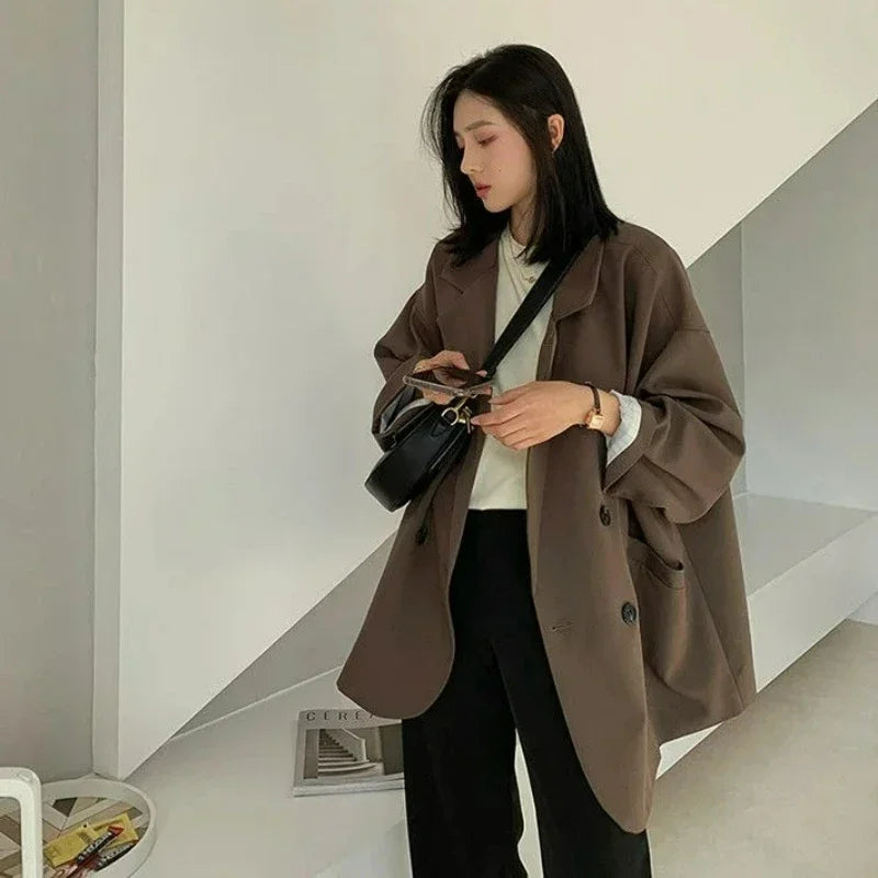 Vintage Brown Blazer Women Elegant Official Ladies Autumn Fashion Long Sleeve Oversized Chic Casual Jacket All-match Coat