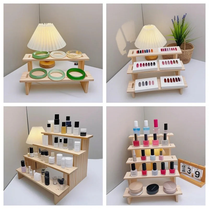 2-5 Tiers Wooden Display Rack Cosmetic Perfume Display Stand Doll Toys Stepped Desk Storage Home Desktop Organization
