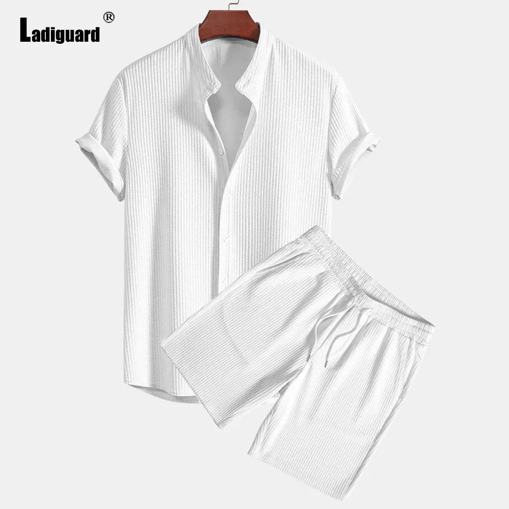 Men Casual Knitted Two Piece Sets 2024 Europe Style Mandarin Collar Blouse and Solid Basic Shorts Suit Male Beach Tracksuits Set