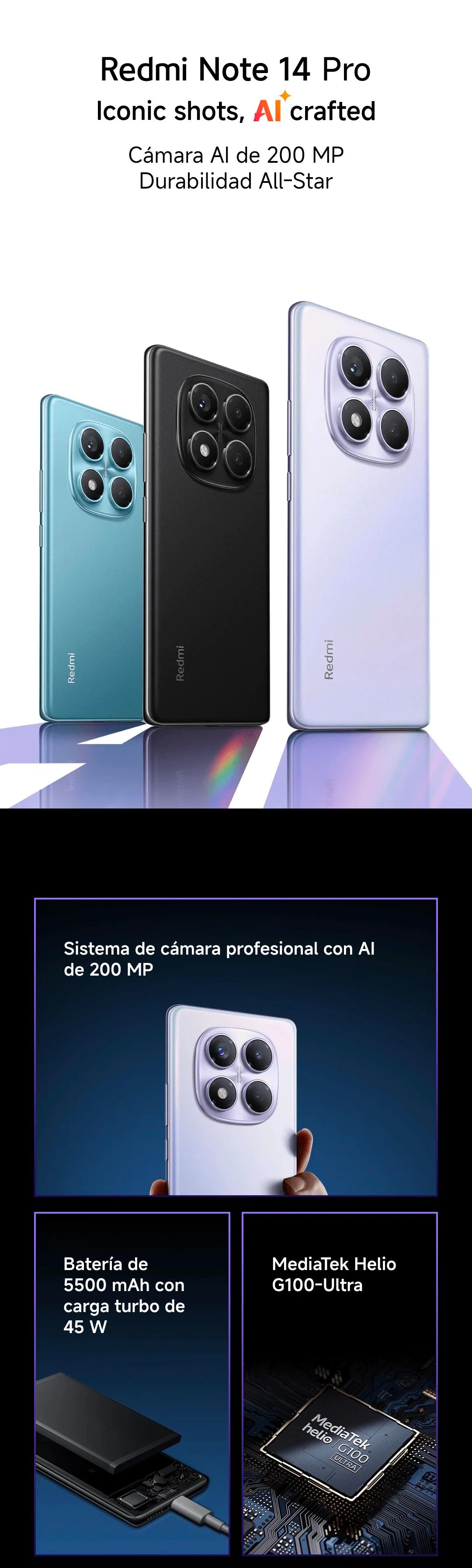 Xiaomi Redmi Note 14 Pro 4G European Version 8+256GB MediaTek Helio G100-Ultra 6.67" AMOLED Display 120Hz  200MP OIS Main Camera 45W Charging, 5500mAh Battery, IP64, NFC