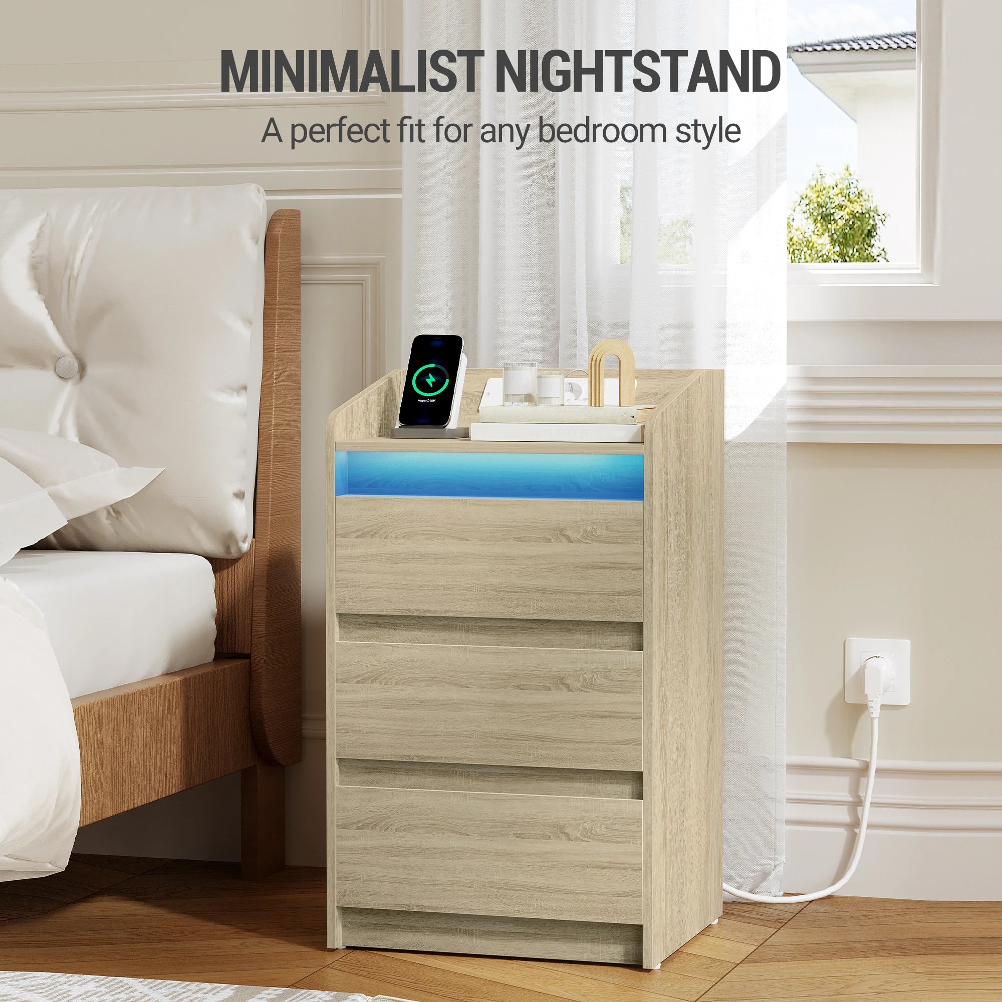 Hzuaneri Table de chevet avec 3 tiroirs, table d'appoint avec station de recharge et LED, 2 prises CA et 2 ports USB pour le salon