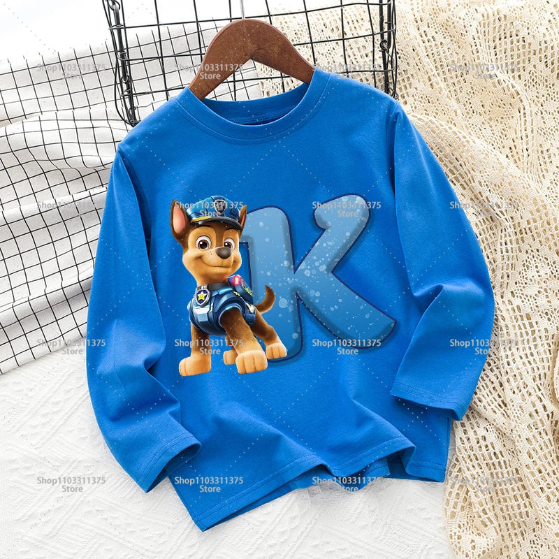 Cute PAW Patrol T-shirt Letter A-Z Print Top Long Sleeve Fashion Summer Boys Clothes Cartoon Kids Birthday Gift Outdoor Wear Tee