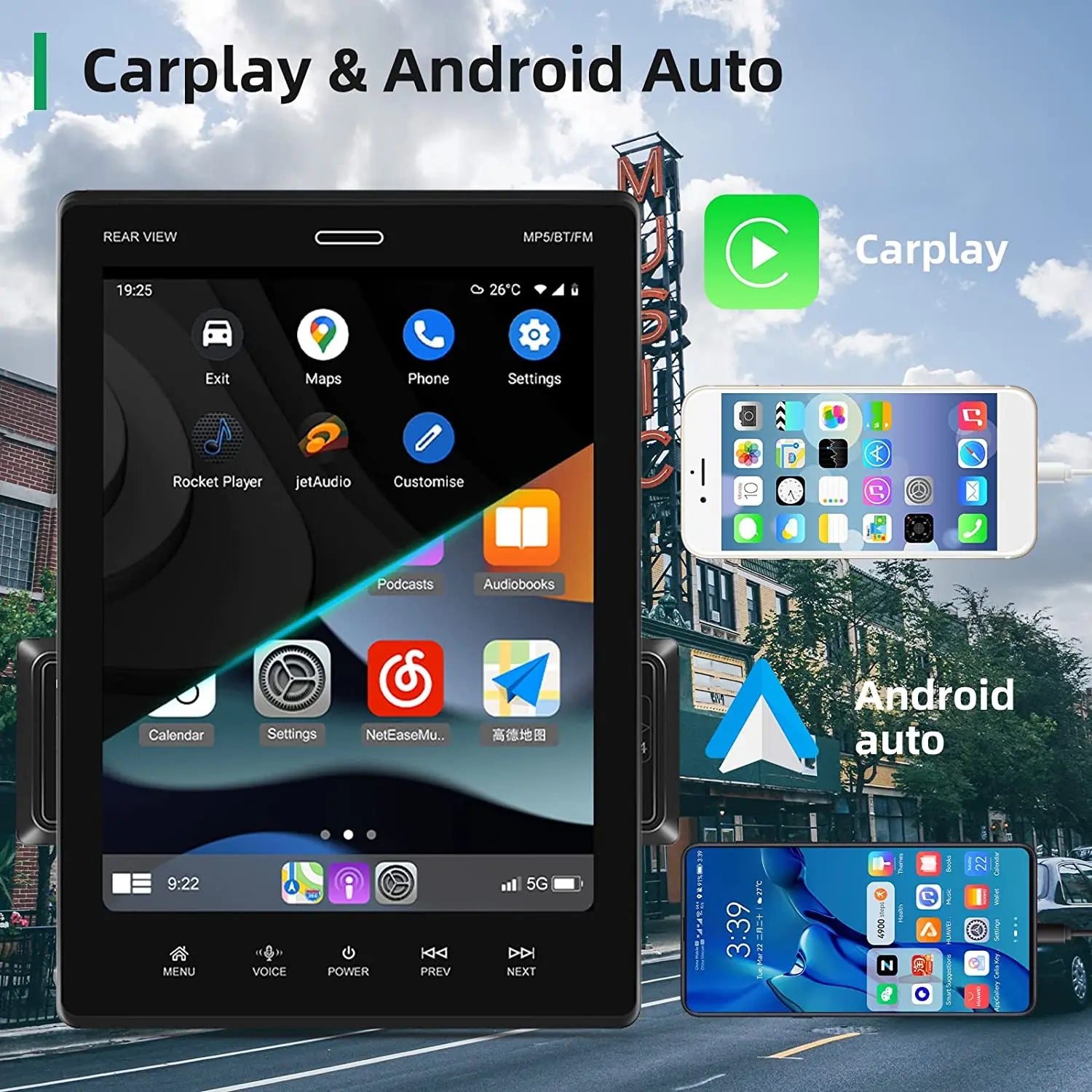 ESSGOO 10.4" Car Stereo Single DIN Wireless CarPlay Android Auto Rotatable Touch Screen Bluetooth GPS Nav Radio Player Head Unit