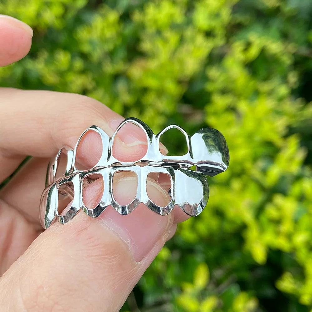 RACHELZ Hip Hop Gold Plated Teeth Grillz Fashion Top Bottom Hollow Tooth Cap Dental Grills For Men Women Jewelry Party Gift