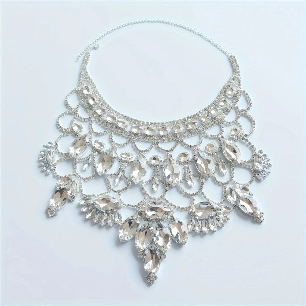 Luxury Fashion Rhinestone Big Necklace Party Exaggeration Bling Crystal Necklace Jewelry Bridal Wedding Gift Accessories