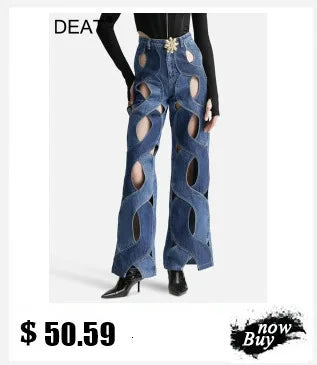 DEAT Fashion Splicing Silhouette Curved Jeans Women's High Waist Loose Wide Leg Denim Pants Autumn New 7A1005