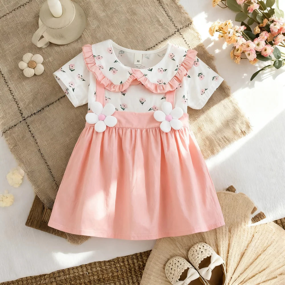Girls' Dress Summer Floral Print Cotton Short-Sleeve Baby Girl Dress Adorable Collared Baby Dress Baby Girl Clothing