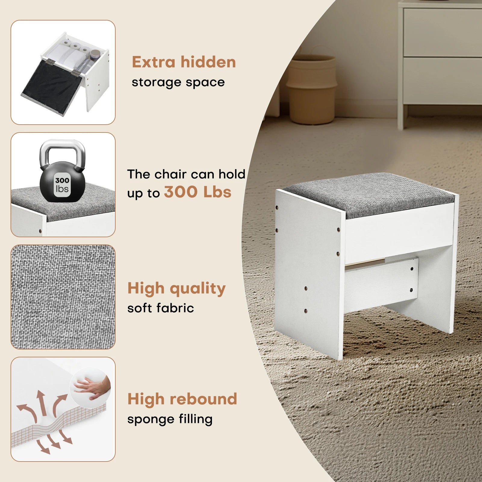 Bureau de maquillage de ferme avec miroir éclairé, bureau de maquillage Hollywood avec 3 tiroirs et 2 armoires, coiffeuse de 43 pouces, tabouret inclus