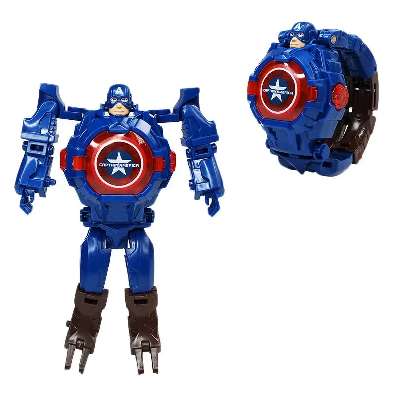 2026 Hot Marvel Iron Man Spiderman Cartoons Children's Watch Deformation Robot 3d LED Luminous Watch Children's Model Toy Watch