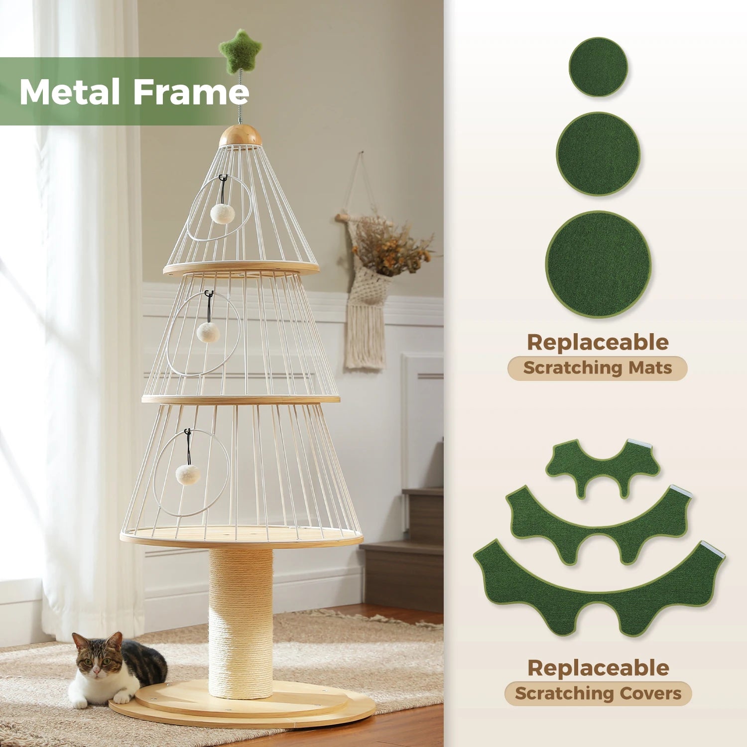 Christmas Cat Tree Tower with 3 Cozy Condos &amp; Pompoms Multi-Level Cat House Bed for Indoor Cats Modern Cat Furniture Cat Toys
