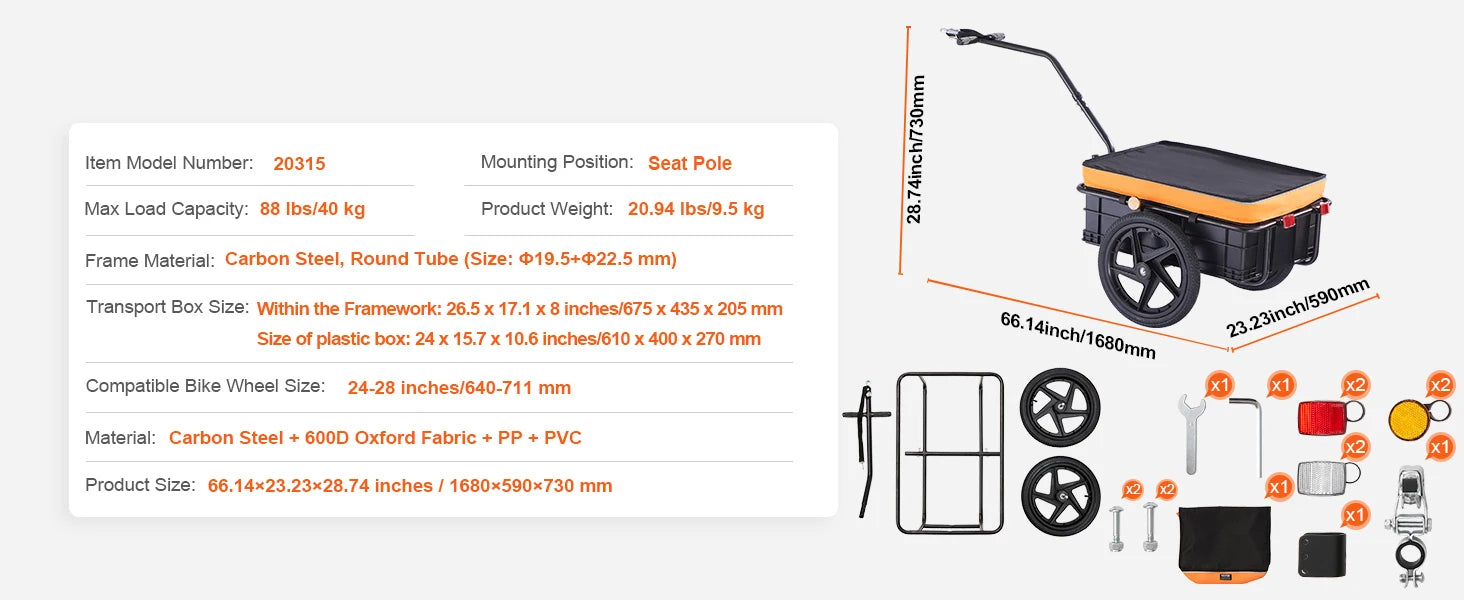 SucceBuy 88Lbs Bike Cargo Trailer Bicycle Wagon Cart Foldable Storage with 16" Wheels & Safe Reflectors Fits 24"-28" Bike Wheels