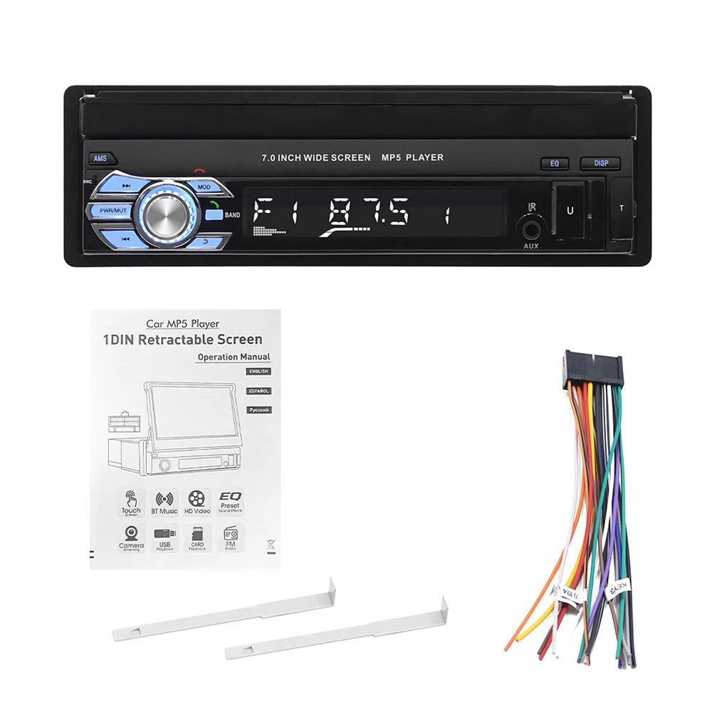 Podofo 1Din MP5 Player Mirrorlink Multimedia Player Bluetooth FM USB EQ 4Core 7 ''Retractable Screen Touch Screen Car Radio
