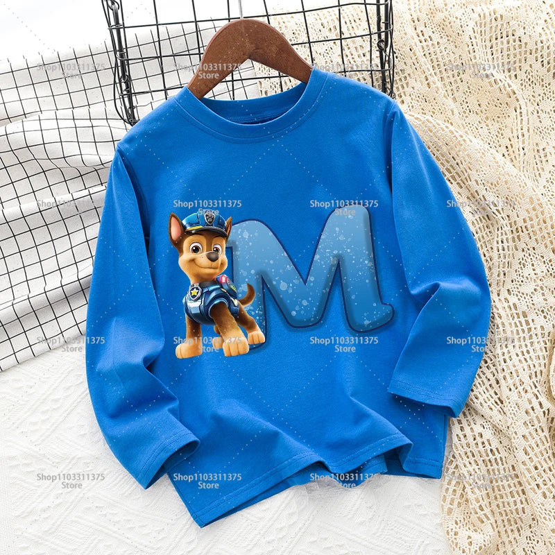 Cute PAW Patrol T-shirt Letter A-Z Print Top Long Sleeve Fashion Summer Boys Clothes Cartoon Kids Birthday Gift Outdoor Wear Tee