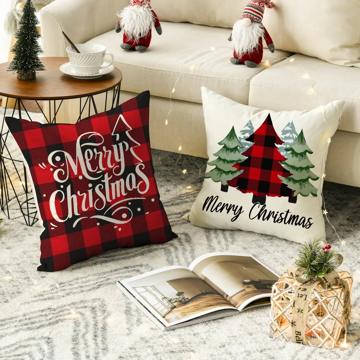 1pc/4pcs Christmas Pillow Cover, Black and Red Buffalo Plaid Celebration Christmas Tree Snowflake Decoration Sofa Cushion Cover