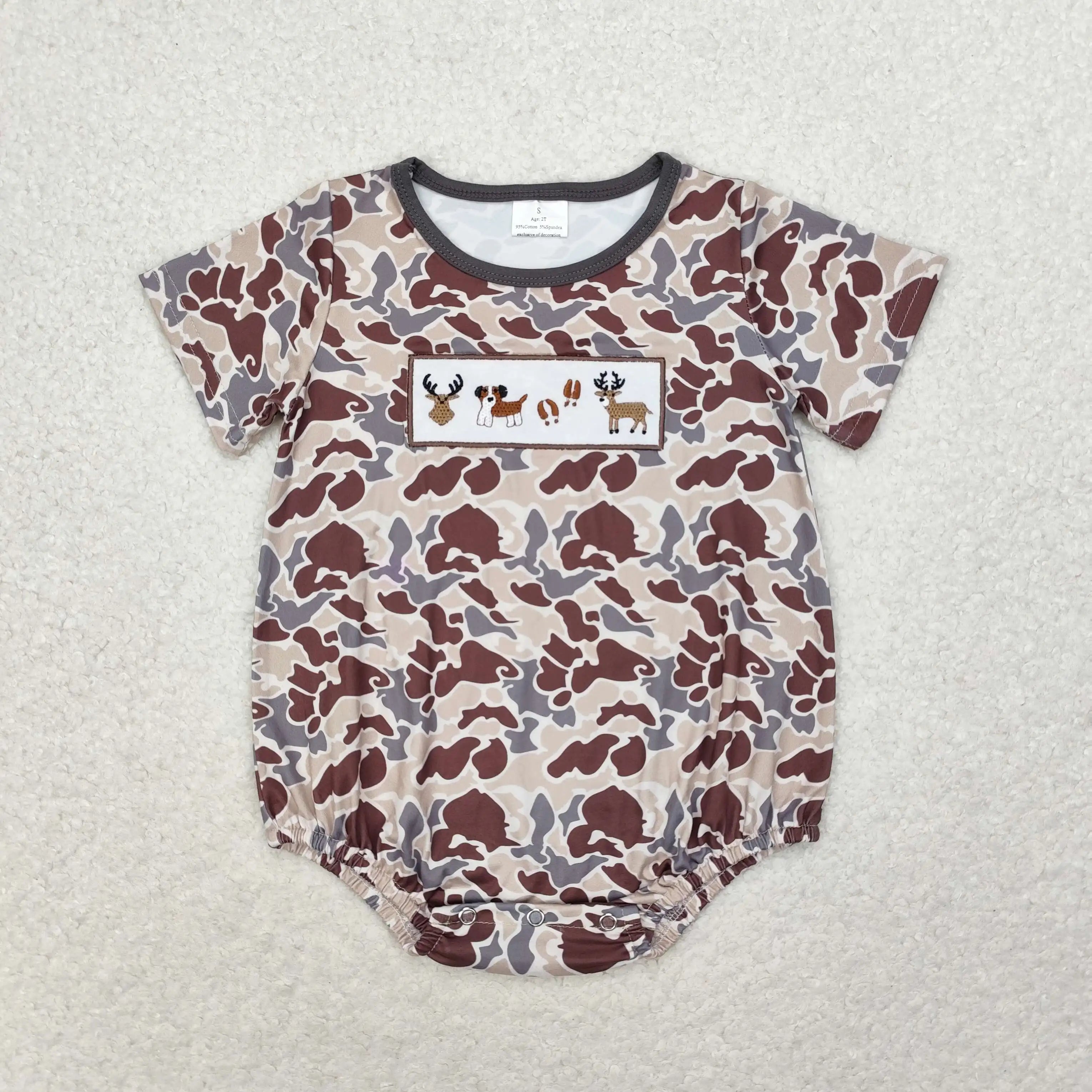 Wholesale Kids Children Short Sleeves Onesie Newborn Toddler Cotton Embroidery Baby Infant Boys Hunting Deer Duck Dog Rompers