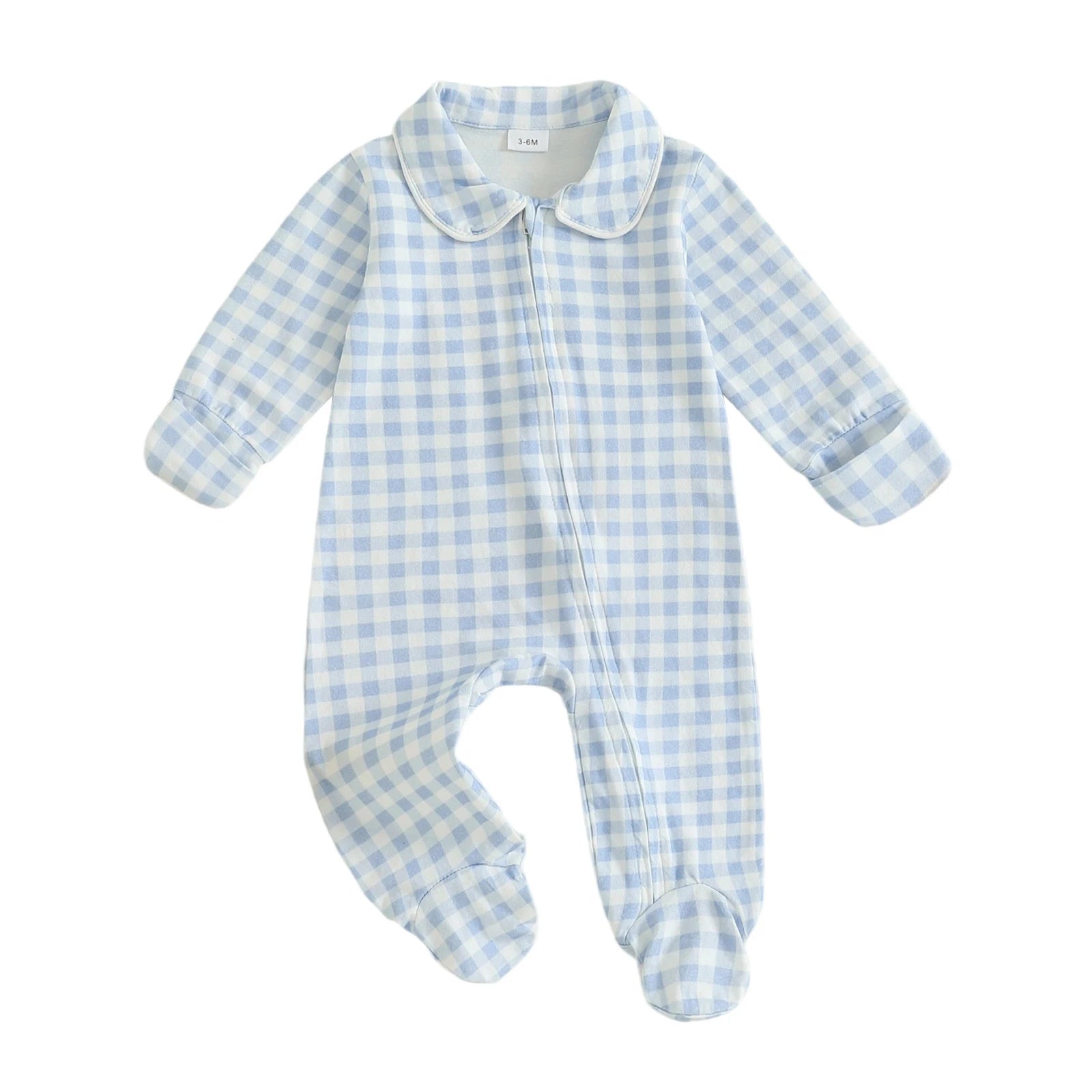 Pudcoco Infant Newborn Baby Fall Romper Plaid Print Doll Collar Long Sleeve Zip Up Footed Jumpsuit 0-6M