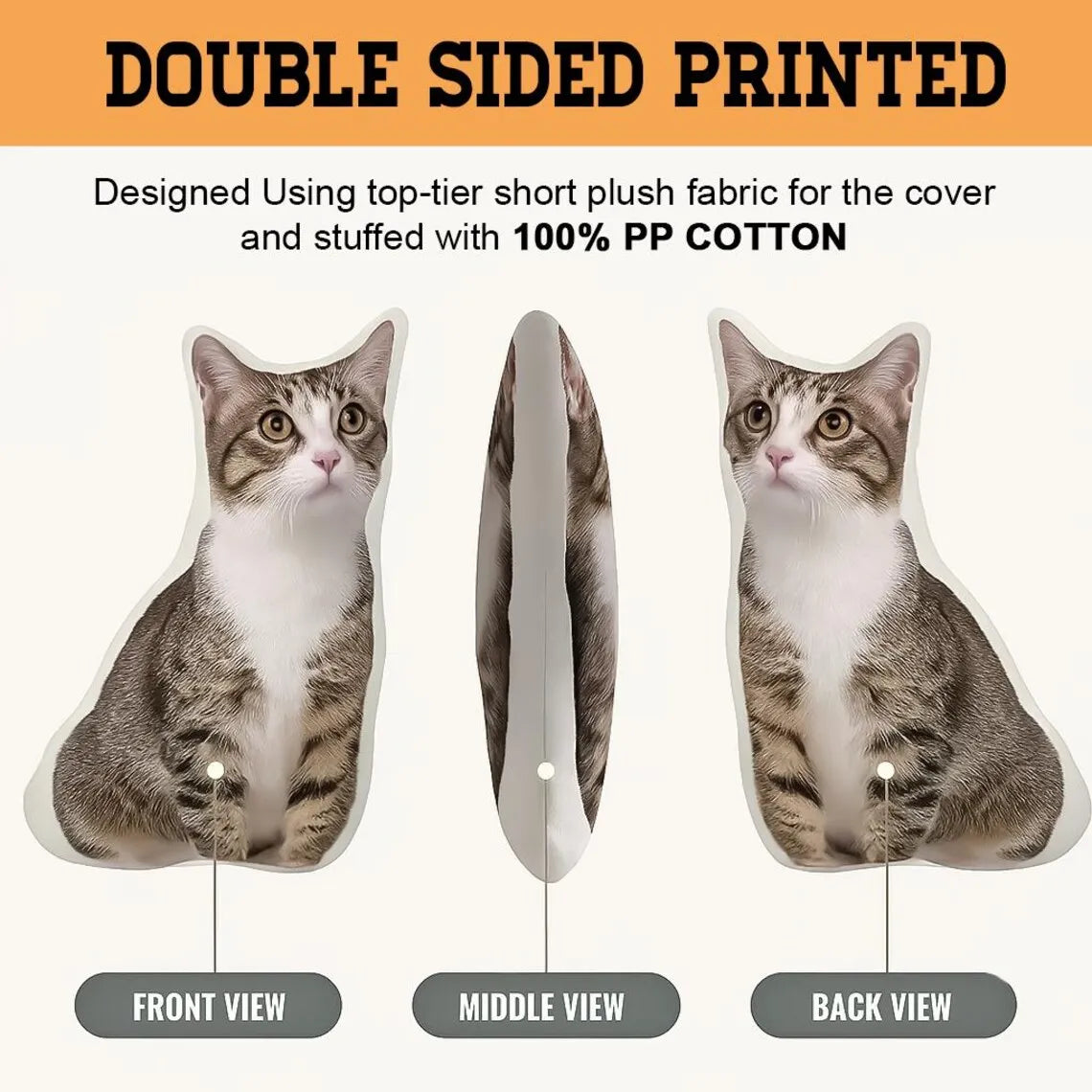 Customized photo pillow with realistic cat and dog shapes, personalized plush gift for friends, olive brown polyester