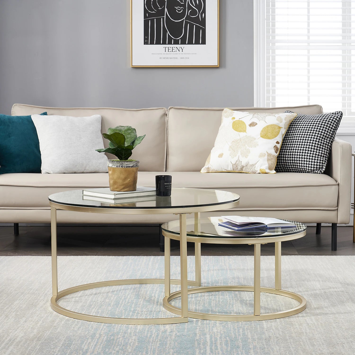 EGOONM 2 en 1 Table basse en fer mode petit appartement salon Table basse verre trempé rond canapé Table basse d'appoint