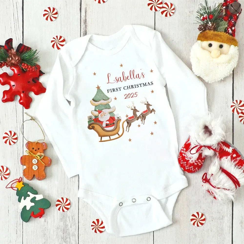 Personalised First Christmas Baby Outfit Newborn Baby Girls Boy Long Sleeve Cartoon Winter Romper My First Xmas Jumpsuit Outfit