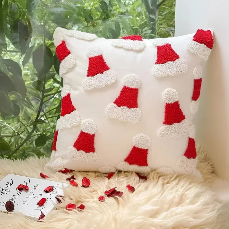 1/2 PCS Christmas Plush Pillowcase 3D Santa Hat Cane Pattern Hidden Zipper Closure Pillowcase New Year Party Decoration