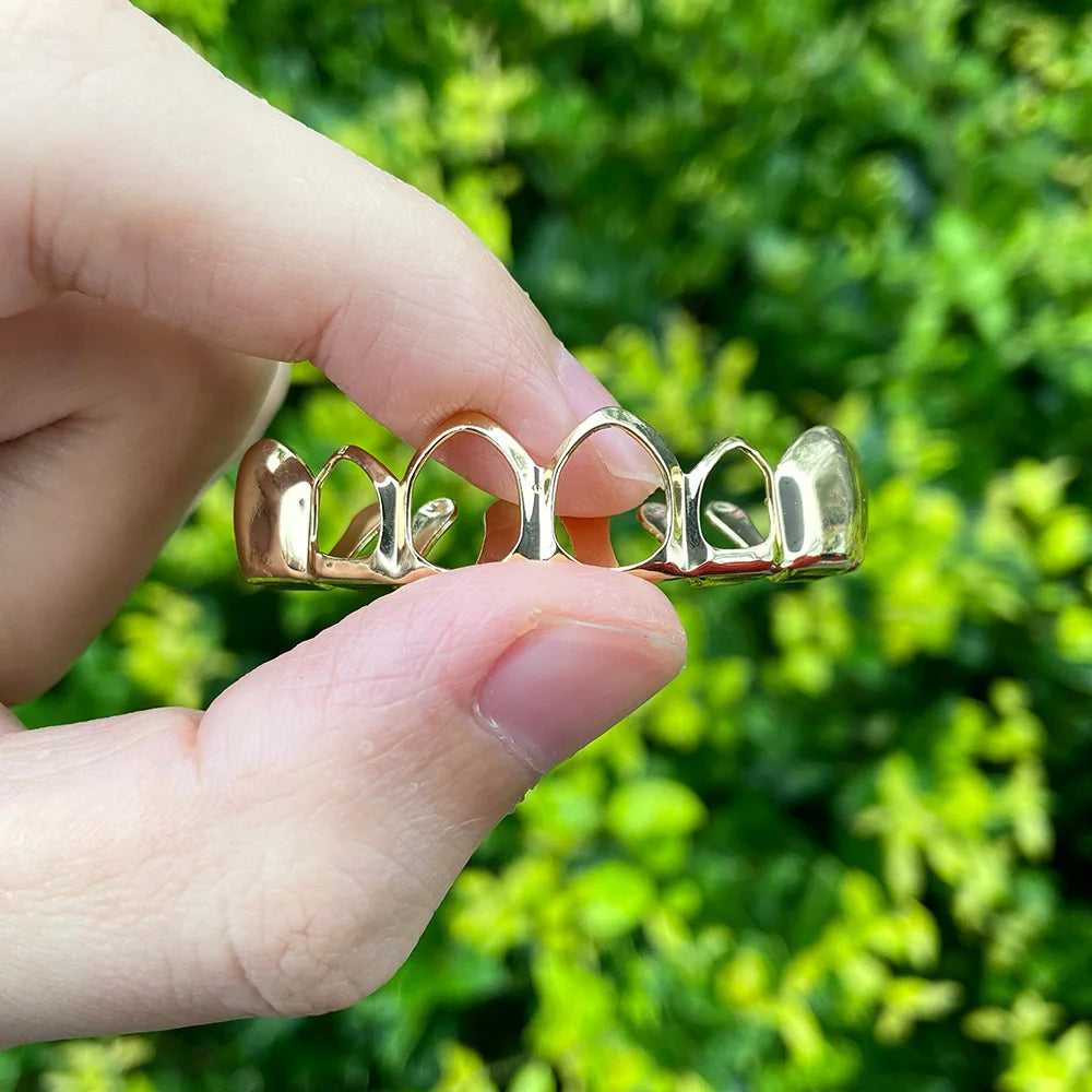 RACHELZ Hip Hop Gold Plated Teeth Grillz Fashion Top Bottom Hollow Tooth Cap Dental Grills For Men Women Jewelry Party Gift