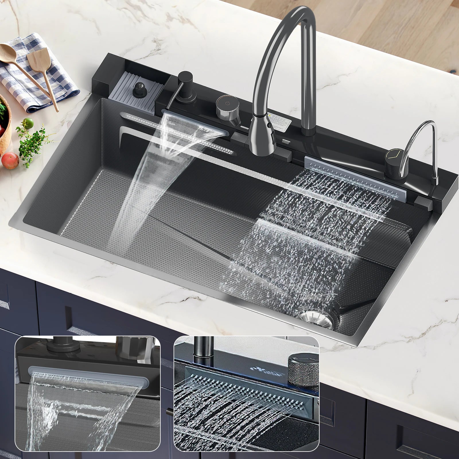 304 Stainless Steel Waterfall Kitchen Sink Large Single Slot Integrated Digital Display Faucet Set Soap Dispenser Cup Washer