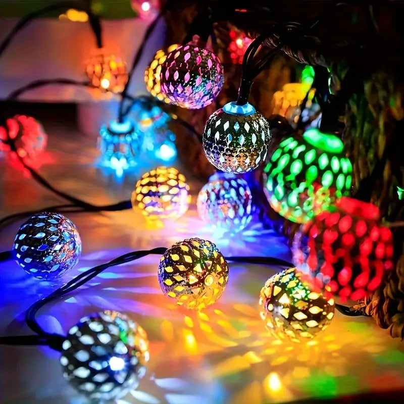 Solar Moroccan String Lights Metal Spherical Outdoor Fairy Lights for Christmas, Thanksgiving, New Year, Valentine's Day